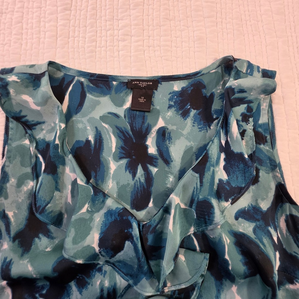 Ann Taylor Ruffle Floral Sleeveless Shell Teal Blue Womens 12 Excellent - Picture 4 of 12